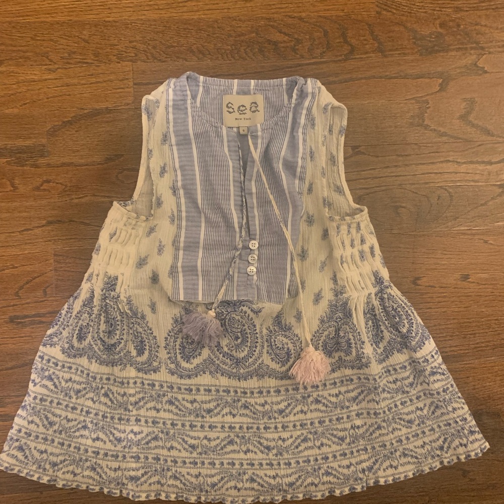 Sea Blue and White Printed Cotton Tank Top